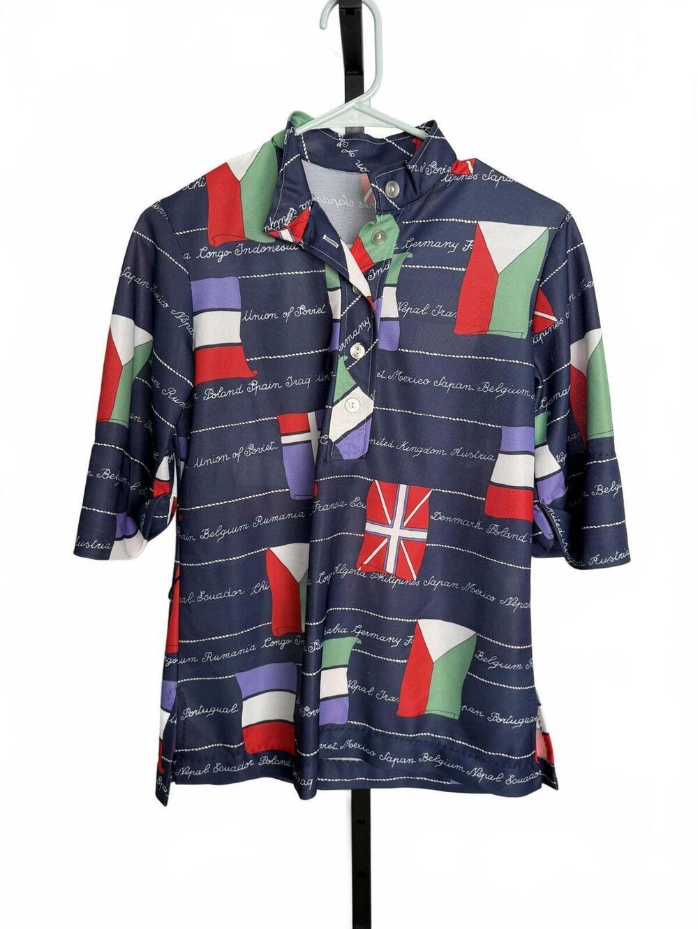 Women's Vintage 70s Polyester Polo Shirt with International Flags Pattern